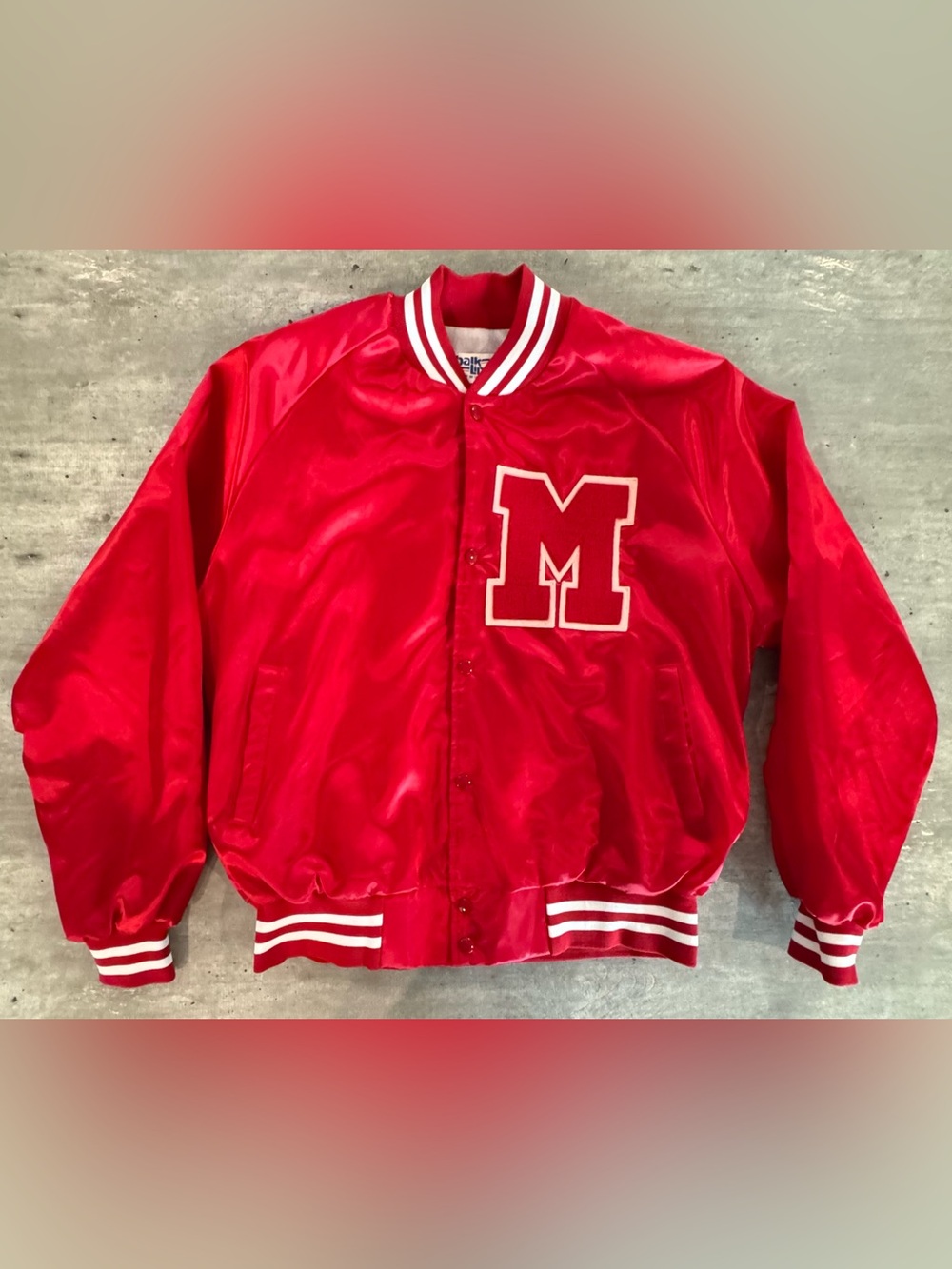 Vintage 70’s Chalk Line Letterman Jacket Red Satin Chenille “M” Made USA Mens XL